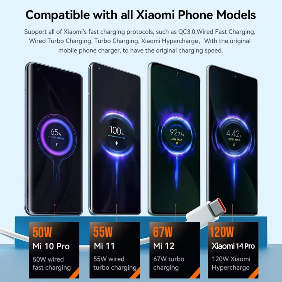 Original Usb Type C Cable 120W 90W 67W Turbo Fast Charger Mi 15 14 13 12 T Pro 11 Ultra Poco X6 X7 Redmi Note Blackshark