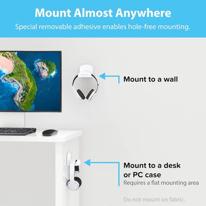 Headphone Hanger – Includes Removable Adhesive Strips for Easy, Damage-Free Wall, Desk, or PC Mounting (Premium White Headphone Hook – One Pack)